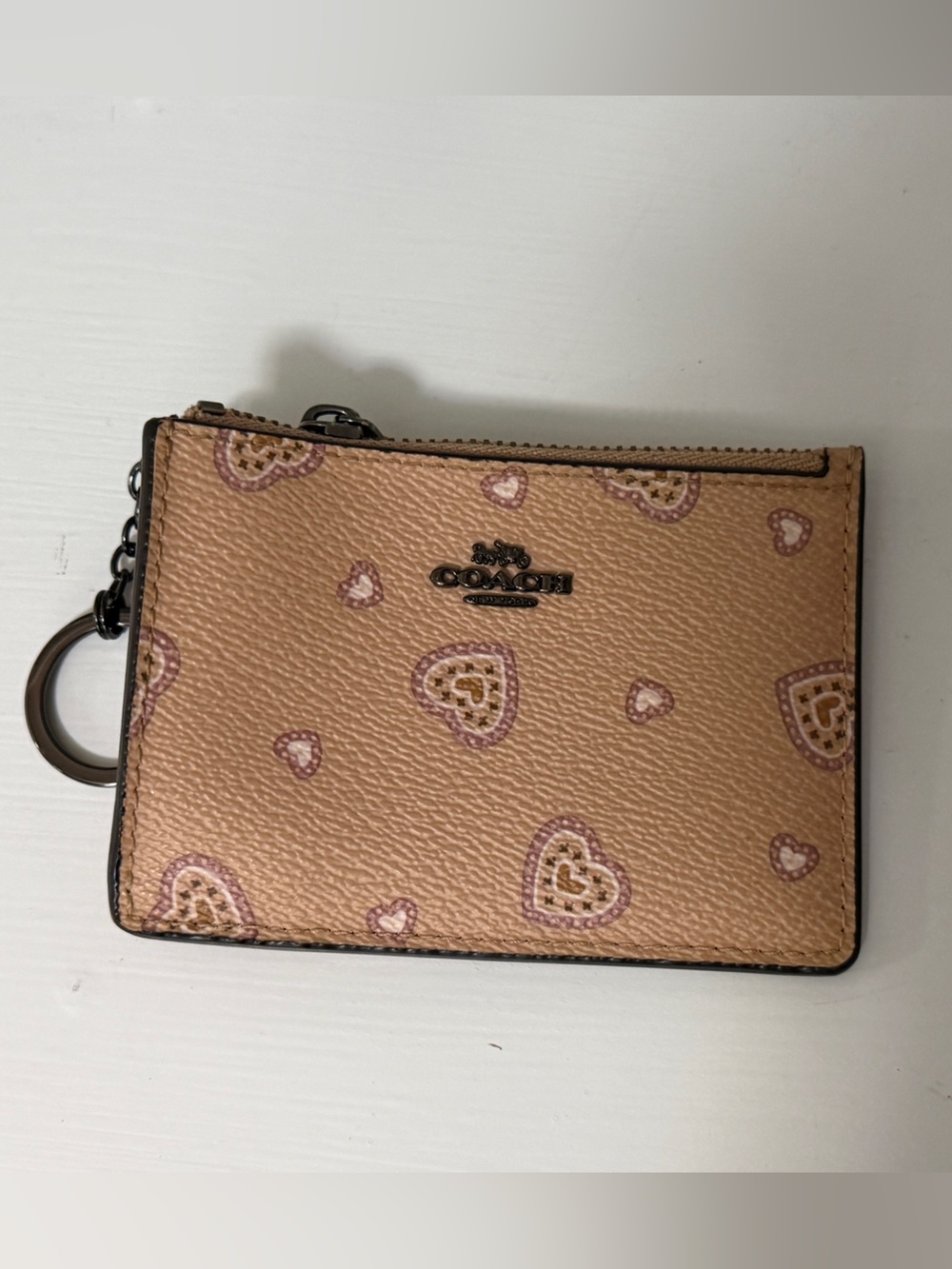 Coach Tan Peony Heart Print Key Card Case
